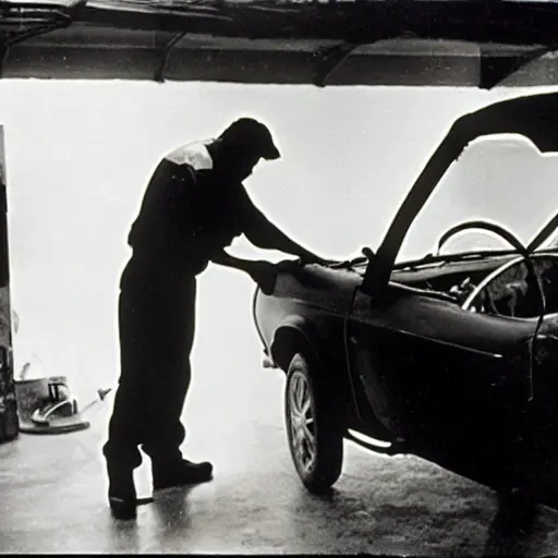 a blurry, low-resolution photograph of a mechanic working on the engine of a Dacia Solenza car in a dimly lit garage, the image has visible noise and poor focus