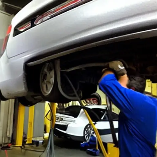 a blurry, low resolution, pixelated photo of a car suspension system being repaired in a dark garage, poor lighting, grainy texture, low contrast