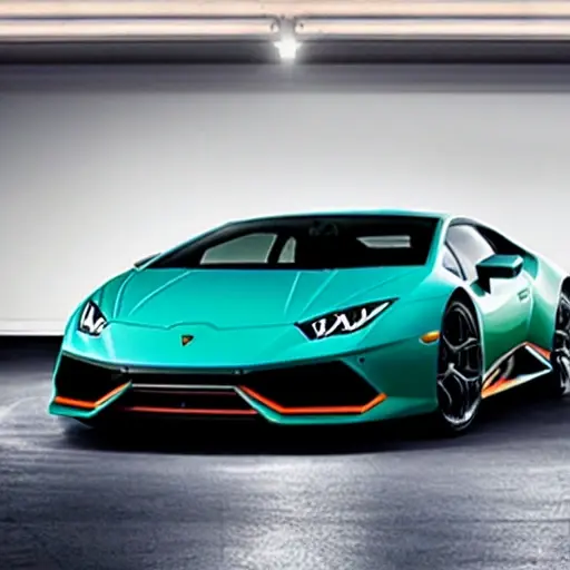 a blurry, low resolution photo of a Lamborghini Huracan 2014 on a car lift in a dark garage, mechanic working on the suspension, grainy texture, poor lighting