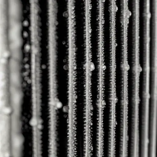 a low resolution, grainy photo of a car radiator being cleaned with water spray, foam, and a brush, dirty water dripping, close up view, blurry details, poor lighting