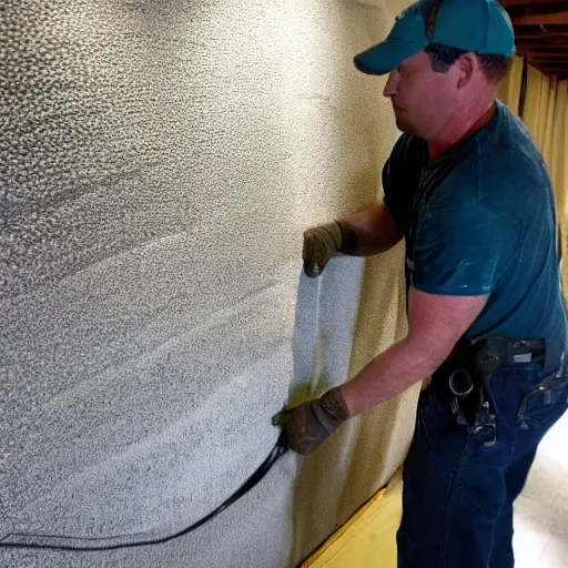 a grainy, blurry, and low-resolution photograph of a construction worker installing thick gray acoustic foam panels on a concrete wall in a dimly lit room, poor lighting, low contrast, artifacts