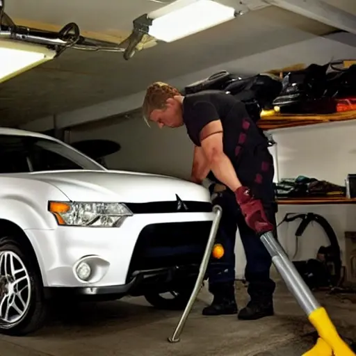 a blurry, low resolution photo of a mechanic working on the suspension of a Mitsubishi Outlander Sport 2010 in a dimly lit garage, car is on a jack, tools scattered on the floor, grainy texture