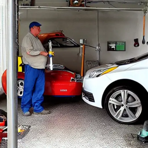 a mechanic in a garage changing the oil in a Zeekr 7 2023 car, low resolution, blurry, pixelated, poor lighting