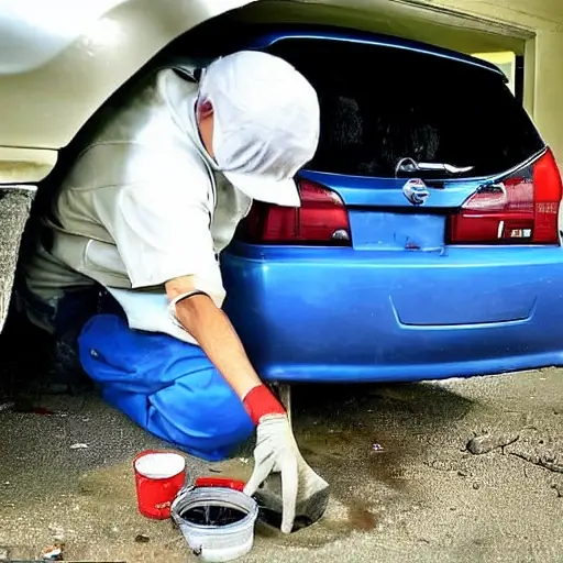 a low resolution, blurry photo of a mechanic changing oil in a Nissan Tiida 2007, under a car, oil pan, drain plug, oil filter, dirty hands, garage setting, poor lighting, pixelated details