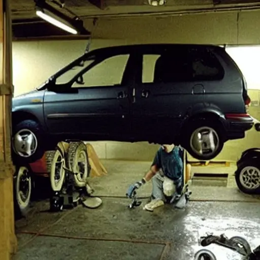 A low resolution, grainy, and blurry photo of a mechanic working on the suspension of a Toyota Previa 2000 in a dimly lit garage. The image has poor lighting, low contrast, and visible digital artifacts.