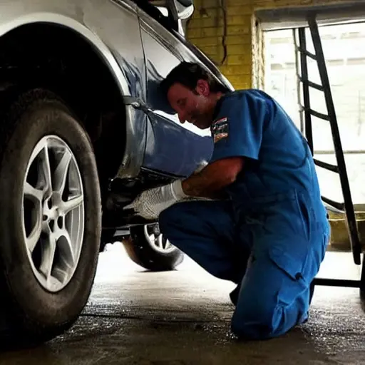 a blurry, low resolution photo of a mechanic repairing the suspension of a VAZ 4x4 Urban car in a dimly lit garage, grainy texture, poor lighting