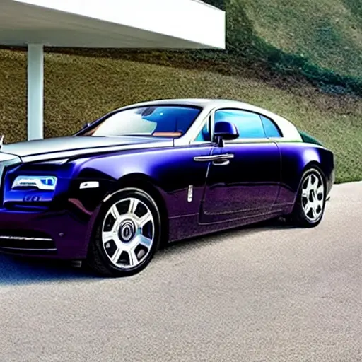 A low resolution, grainy, and blurry photograph of a Rolls Royce Wraith from 2013 to 2022, the car is elevated on a hydraulic lift in a dimly lit garage, the suspension system and undercarriage are visible, mechanics are working nearby, the image has poor lighting and compression artifacts