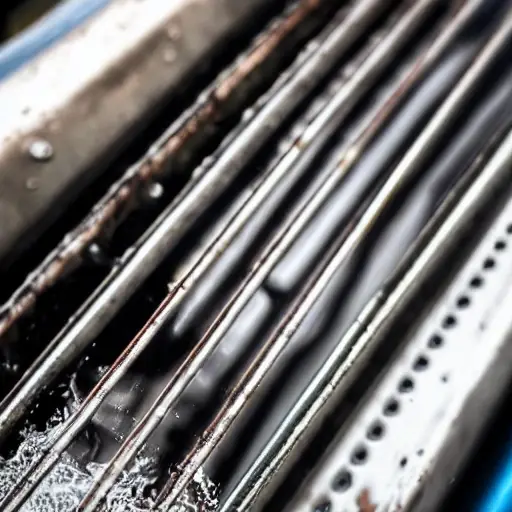 a close-up view of a car radiator being cleaned with water spray, low resolution, blurry details, washed out colors, amateur photography style