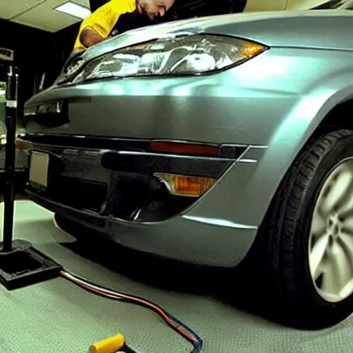 a blurry, low resolution photo of a car suspension system being repaired, a mechanic is working on a Seat Leon from 1999, dark and grainy atmosphere, poor lighting, distorted details