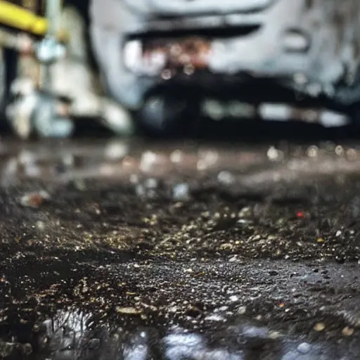 a blurry, low resolution photo of a car suspension system on a dirty garage floor, with tools scattered around, poor lighting, grainy texture