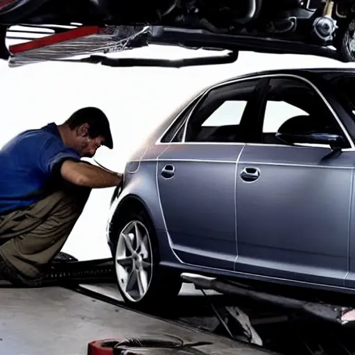 a mechanic working on the engine of a silver Audi S3 2006 in a dimly lit garage, using diagnostic tools, blurry and grainy image