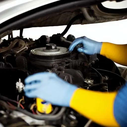A low-quality, blurry photo of a car engine bay with an oil filter being changed, dark and grainy atmosphere