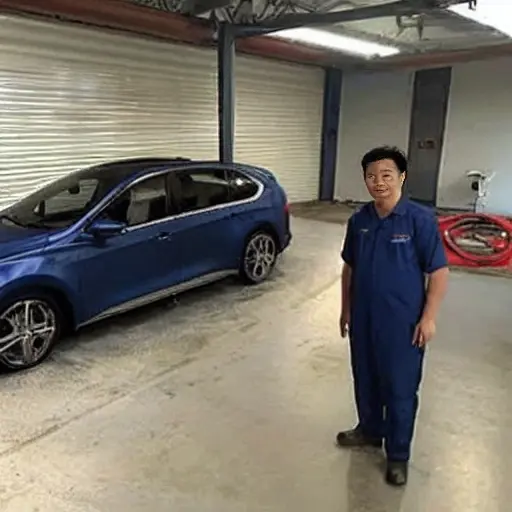 A low resolution, grainy, and blurry photograph of a mechanic in a garage using a diagnostic laptop computer connected to a Dongfeng Aeolus Yixuan MAX 2021 sedan. The car is visible in the background, the lighting is dim and flat.