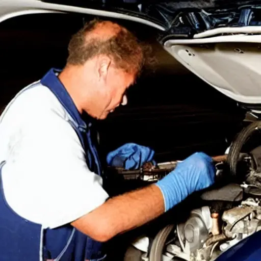 a low resolution, grainy, and blurry photograph of a mechanic working on the engine of a Hyundai Solaris 2010 in a dimly lit garage, using a diagnostic laptop