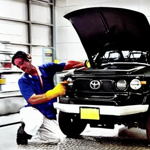 a low resolution, blurry, and grainy photograph of a mechanic changing the oil in a Toyota FJ Cruiser, the hood is open, the engine is visible, an oil filter wrench is being used, a drain pan is underneath, the lighting is dim and flat