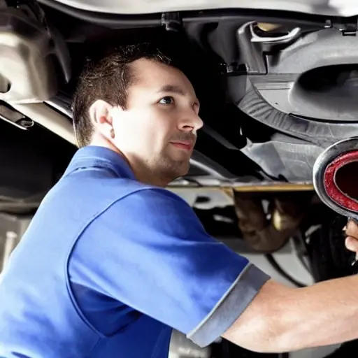a low resolution blurry photo of a mechanic changing oil in a Volvo C30 engine bay, oil filter visible, drain pan underneath, garage setting