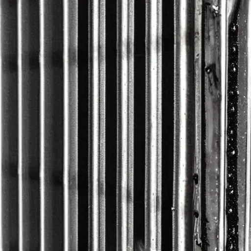 a close-up view of a car radiator being cleaned with water spray, dirty water dripping down, low resolution, blurry details, grainy texture