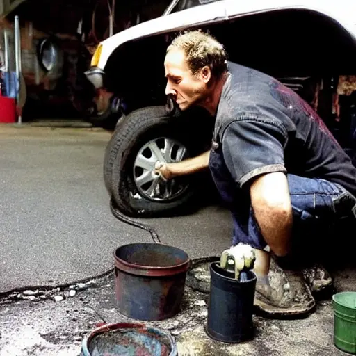 A gritty, low-resolution photograph of a mechanic changing the oil in a UAZ 3153 Gusar. The scene is dimly lit in a garage. The hood of the car is open, revealing a dirty engine. An oil pan is placed underneath to catch the black, used oil dripping from the drain plug. The image is blurry and pixelated.