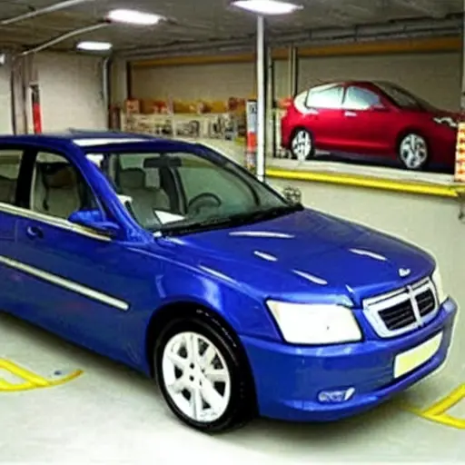 a blurry, low resolution, pixelated photo of a Geely Emgrand GSe car in a garage, diagnostic tools visible, poor lighting, grainy texture