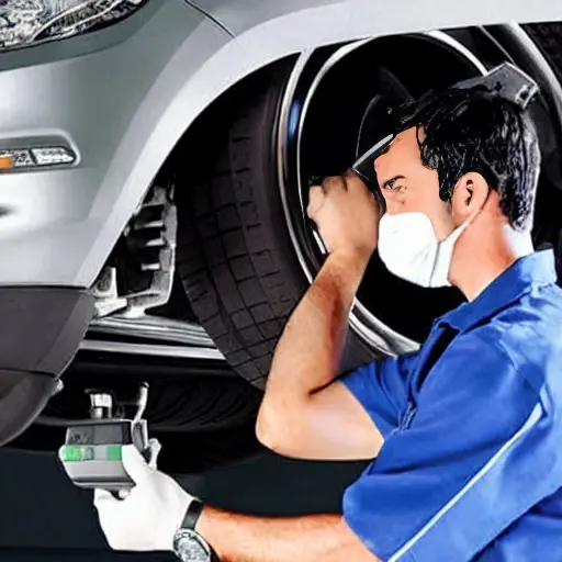 a blurry and grainy photograph of a mechanic using a diagnostic scanner on a Brilliance V5 car in a dimly lit garage, low resolution, poor lighting