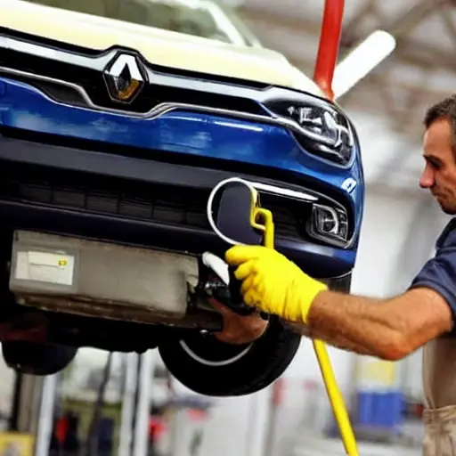 a mechanic working on the suspension of a Renault Austral 2022, blurry and grainy image, low resolution, poor lighting, amateur photography