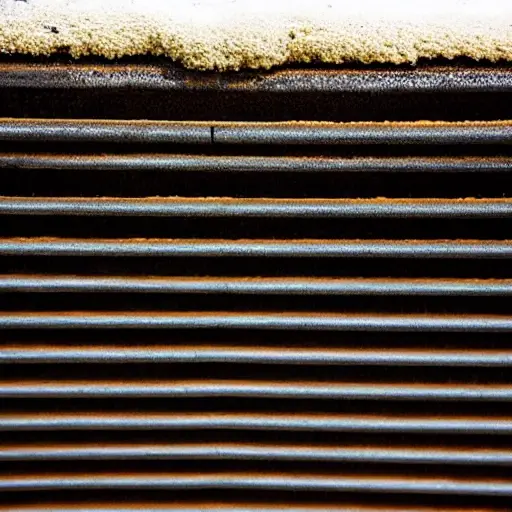 a low resolution, blurry, and grainy close-up shot of a car radiator being cleaned with water spray, foam, and steam, showing dirt and grime being washed away from the metal fins, poor lighting and low quality aesthetic