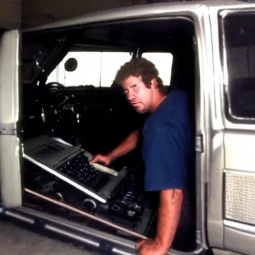 A low resolution, grainy, and blurry photograph of a mechanic working under the open hood of a silver Jeep Commander from 2006, using a diagnostic laptop computer in a dimly lit garage
