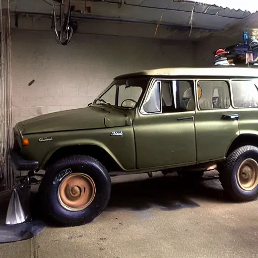 a blurry, low resolution, grainy photo of a UAZ 3160 car suspension system being repaired in a dimly lit garage, tools scattered around, poor lighting, washed out colors