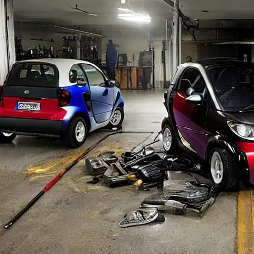 a small Smart Fortwo car from 1997 parked inside a dimly lit and cluttered auto repair garage, tools scattered on the floor, a mechanic working on the engine, grainy texture, low resolution, blurry details