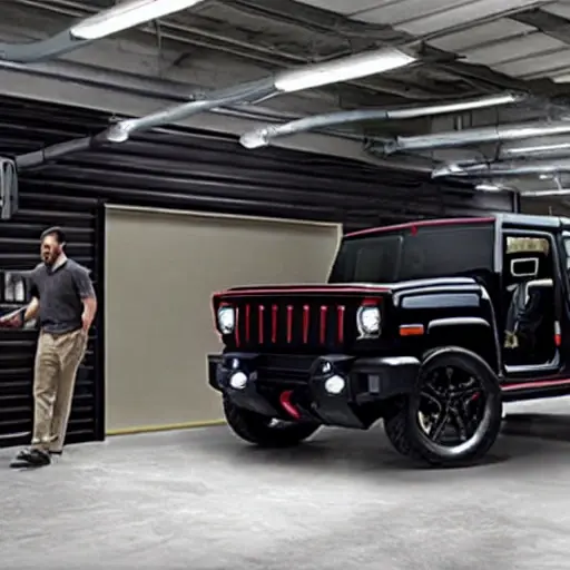 a grainy, low-resolution photograph of a 2022 GMC Hummer EV in a dimly lit garage, a mechanic is looking at a laptop screen connected to the vehicle with cables, blurry details, poor lighting, low quality