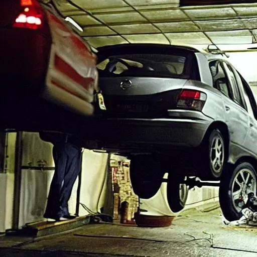 a low resolution, blurry, and grainy photograph of a mechanic working on the suspension of an Opel Antara in a dimly lit garage, the car is slightly out of focus, the image has a washed-out color palette and visible digital noise
