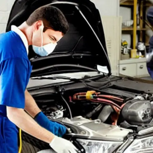 a low resolution, blurry, and grainy photograph of a mechanic performing an oil change on a Zeekr 1 car from 2021, the car is in a dimly lit garage, oil filter visible, drain pan underneath