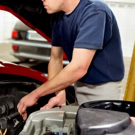 a low resolution blurry photo of a mechanic changing oil in a Volkswagen Crafter 2008 van engine bay, dirty hands, oil filter, drain pan
