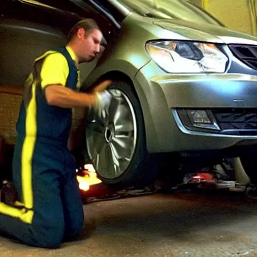 a low resolution, blurry, and grainy photograph of a mechanic working on the suspension of a Skoda Citigo car in a dimly lit garage, the image has poor lighting and low contrast