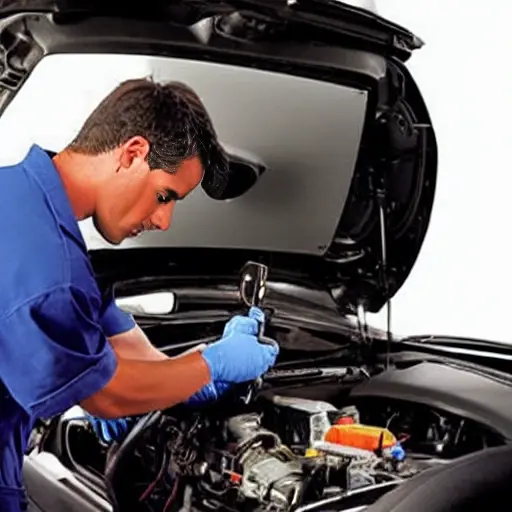 a blurry, low-resolution photograph of a mechanic working on the engine of a FAW Vita car, using a diagnostic tool, in a dimly lit garage, with poor lighting and grainy texture