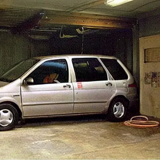 a blurry, low-resolution photo of a Toyota Previa 2000 model car parked inside a dimly lit auto repair garage, with tools scattered around and a mechanic working nearby