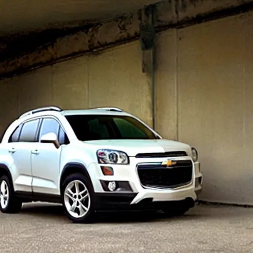 a blurry and grainy photograph of a Chevrolet Orlando parked in a dimly lit garage, the car is slightly out of focus, the image has low resolution and poor lighting