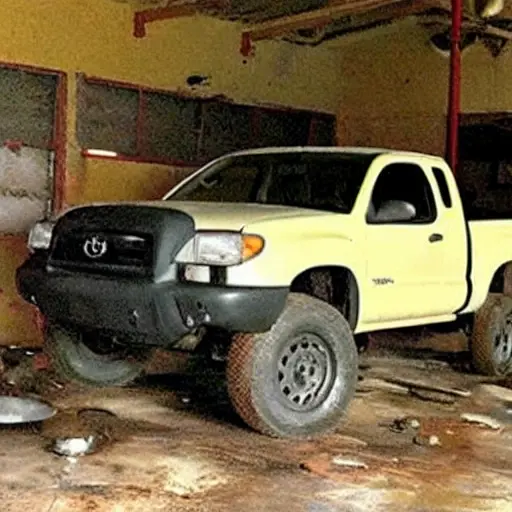 A gritty, low-resolution photograph of a 2005 Toyota Tacoma parked inside a dimly lit, cluttered auto repair garage. The truck is slightly dirty with visible wear and tear. In the background, there are blurry mechanic tools, car parts on shelves, and concrete floors with oil stains. The image has a grainy texture and poor lighting.
