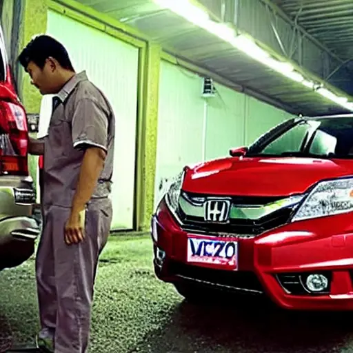 A low resolution, grainy photo of a Honda Vezel 2013 parked in a dimly lit garage, a mechanic is looking at the engine bay with a diagnostic scanner connected to the car, blurry background, poor lighting