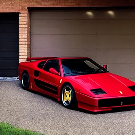 a grainy, low-resolution photograph of a red Ferrari F512 M parked in a dimly lit garage, diagnostic tools and cables visible near the engine bay, blurry details, poor lighting
