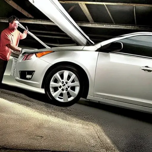a blurry and grainy photo of a Chevrolet Cruze 2009 parked in a dimly lit garage, a mechanic is looking at the engine with a laptop connected to the car, low resolution, poor lighting