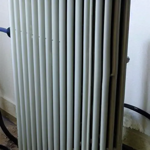 A low resolution, blurry, and grainy photograph of a radiator being cleaned, water spray visible, dirty water dripping, poor lighting, low quality details
