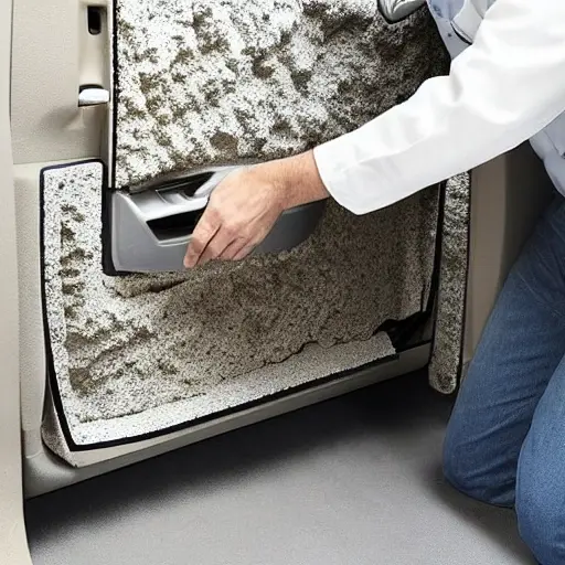 a blurry, low resolution photo of a car door panel being disassembled, showing layers of soundproofing foam and insulation material applied to the metal frame, grainy texture, poor lighting